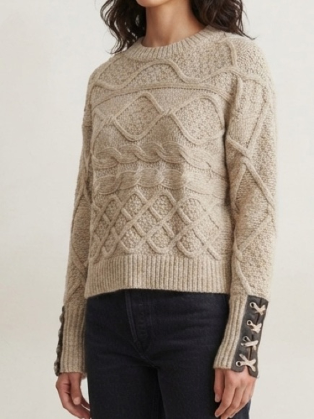 Heartloom Sz S Cotton Wool Cream Cable Knit Faux Leather Details Sweater